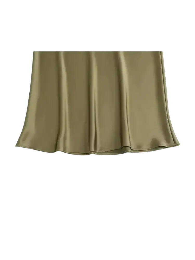 A flowing olive green satin maxi skirt with a smooth glossy finish and gentle pleats in mermaid style
