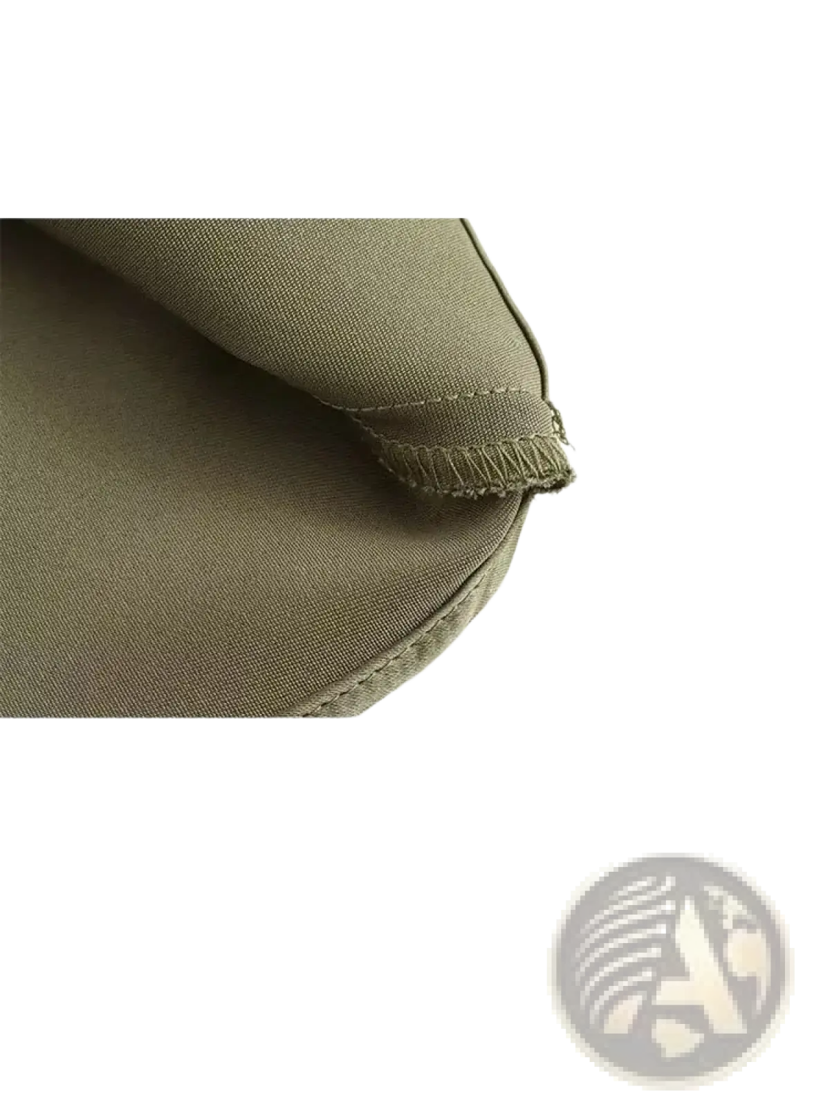 Olive green satin mermaid maxi skirt showing olive green canvas fabric with visible stitching and frayed edge detail