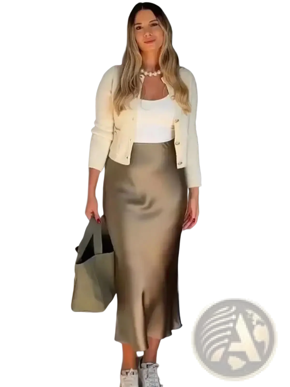 Cream-colored knit cardigan with button closures paired with an olive green satin mermaid maxi skirt product image