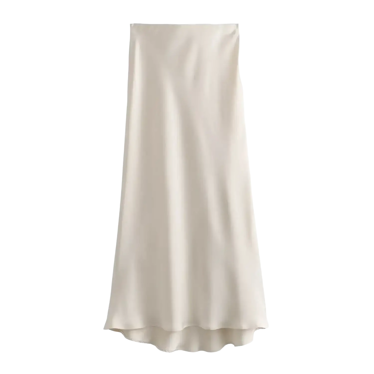 A flowing ivory satin midi skirt with a glossy finish and pleats paired with an olive green satin mermaid maxi skirt