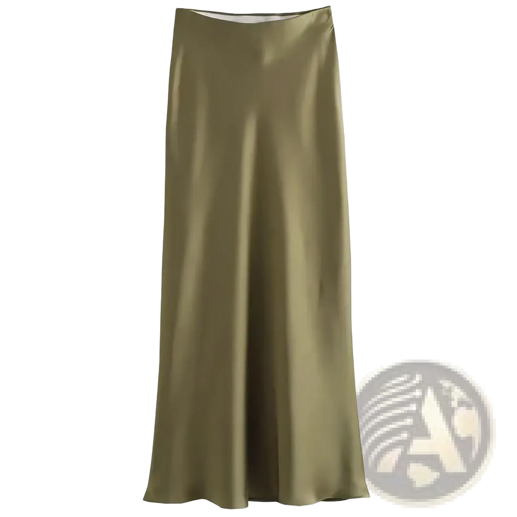 A sleek olive green satin mermaid maxi skirt with high waist and flowing straight-cut silhouette