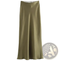 A sleek olive green satin mermaid maxi skirt with high waist and flowing straight-cut silhouette