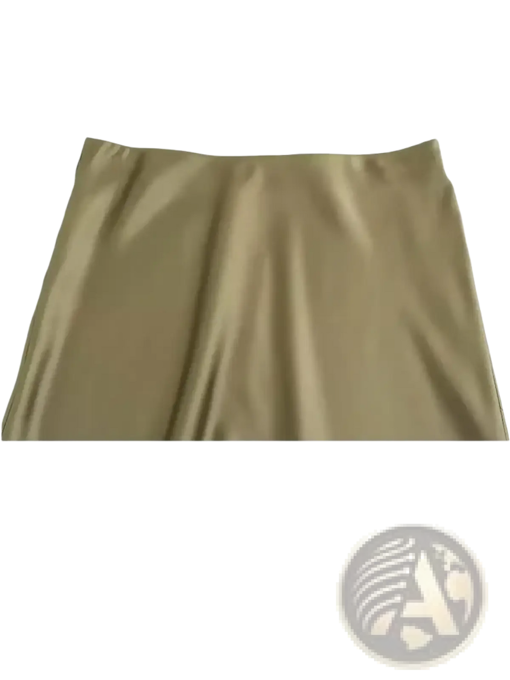 Olive green satin mermaid maxi skirt with a smooth glossy finish and subtle vertical pleats