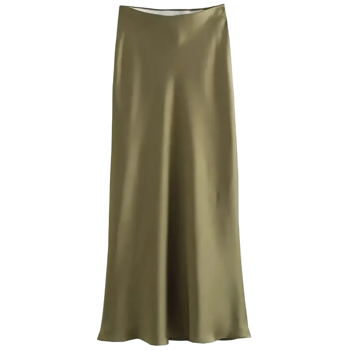 A sleek olive green satin maxi skirt with a high waistline and smooth flowing drape in midi length