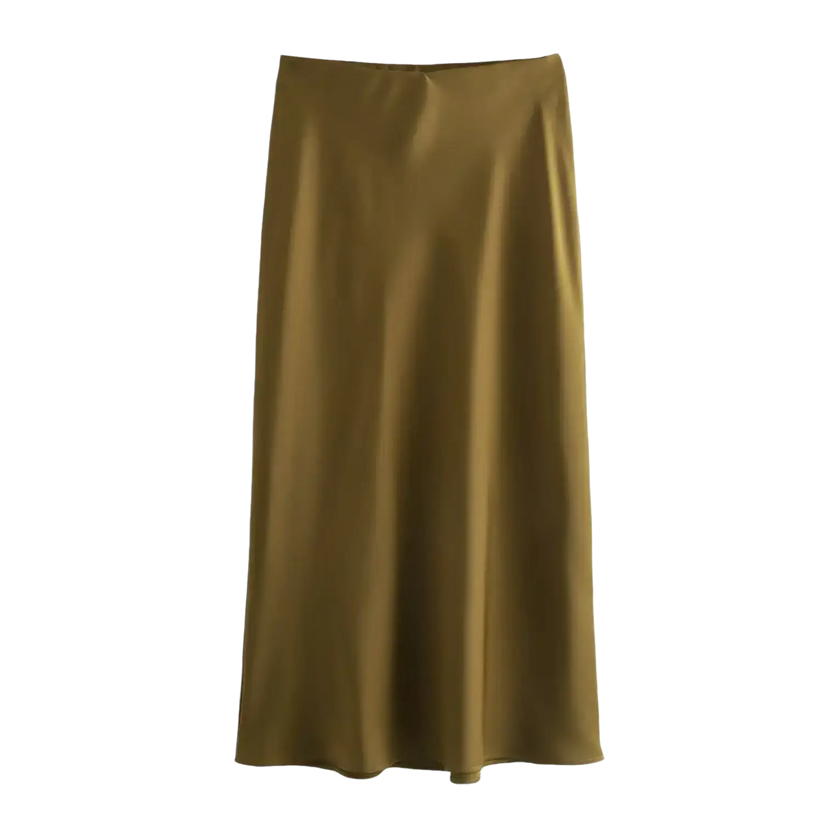 A sleek olive green satin maxi skirt featuring a smooth flowing drape in a mermaid midi style