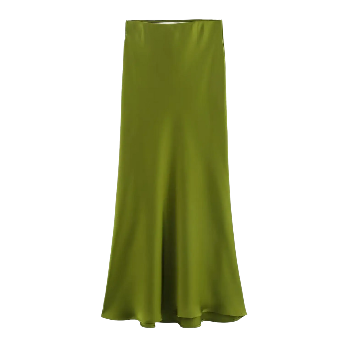 A sleek olive green satin mermaid maxi skirt with a smooth flowing silhouette for elegant occasions