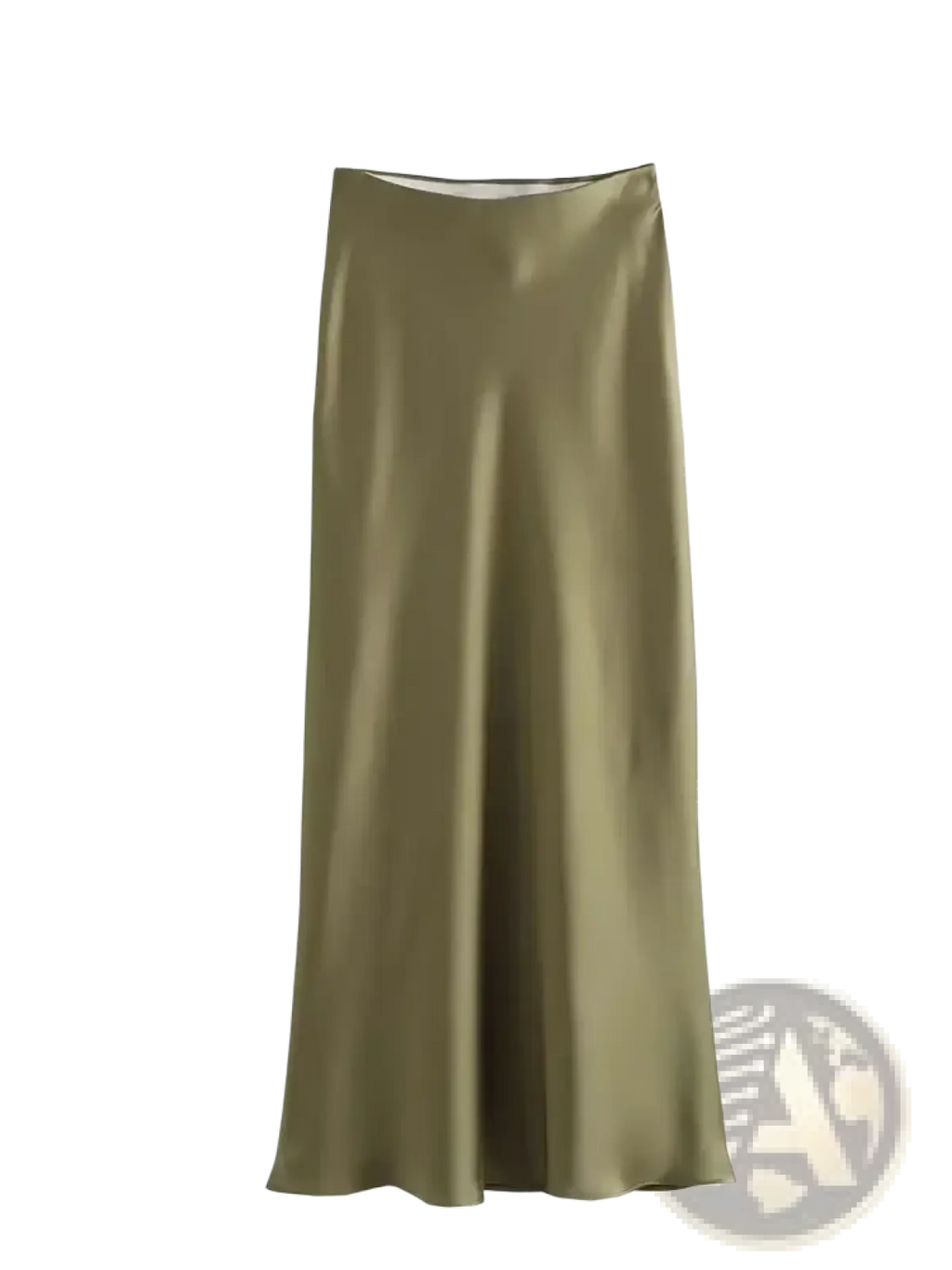 A sleek olive green satin mermaid maxi skirt with a smooth flowing drape and a high waisted cut