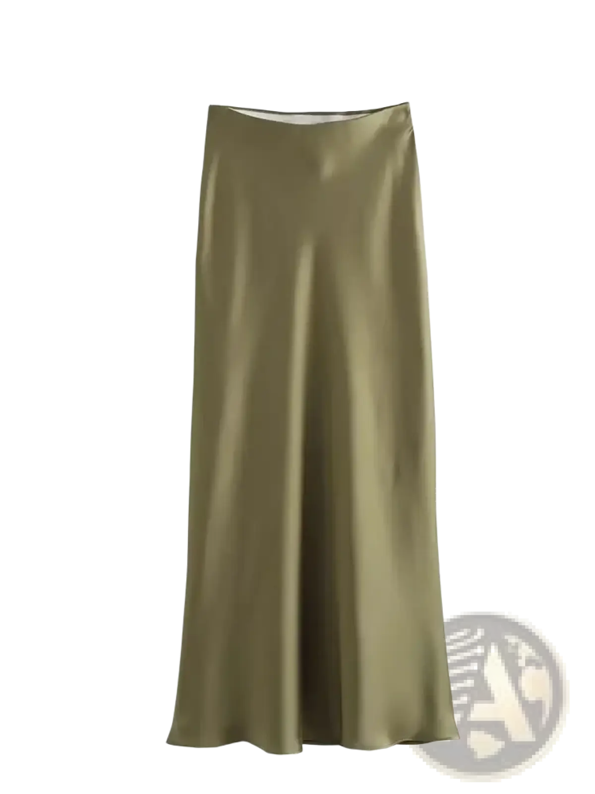 A sleek olive green satin mermaid maxi skirt with a smooth flowing drape and a high waisted cut