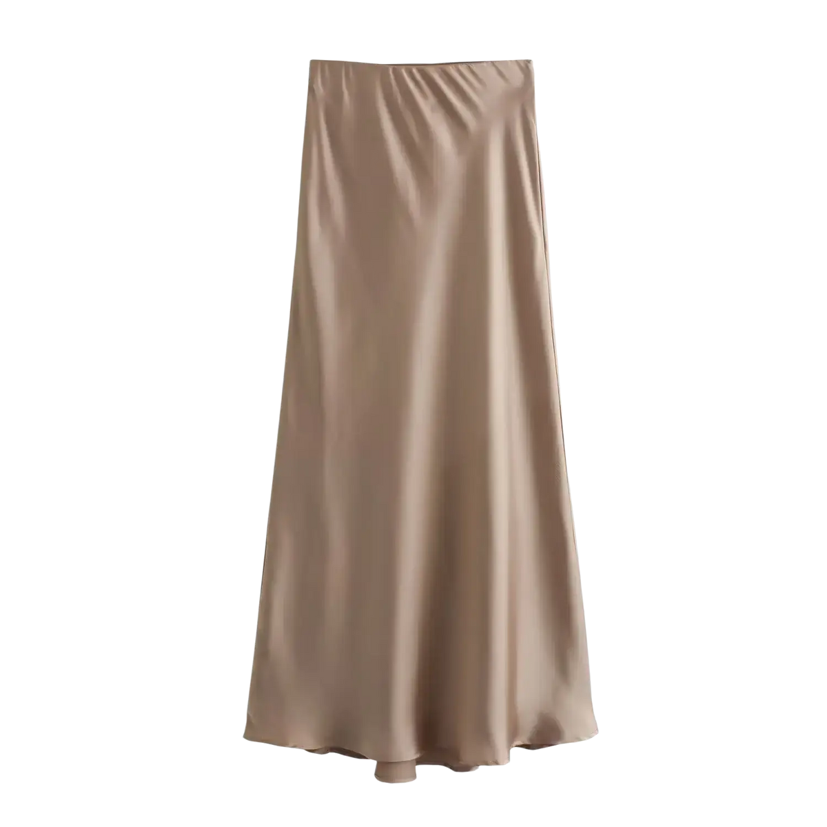 A sleek olive green satin mermaid maxi skirt with smooth glossy finish and subtle vertical pleats at the waist