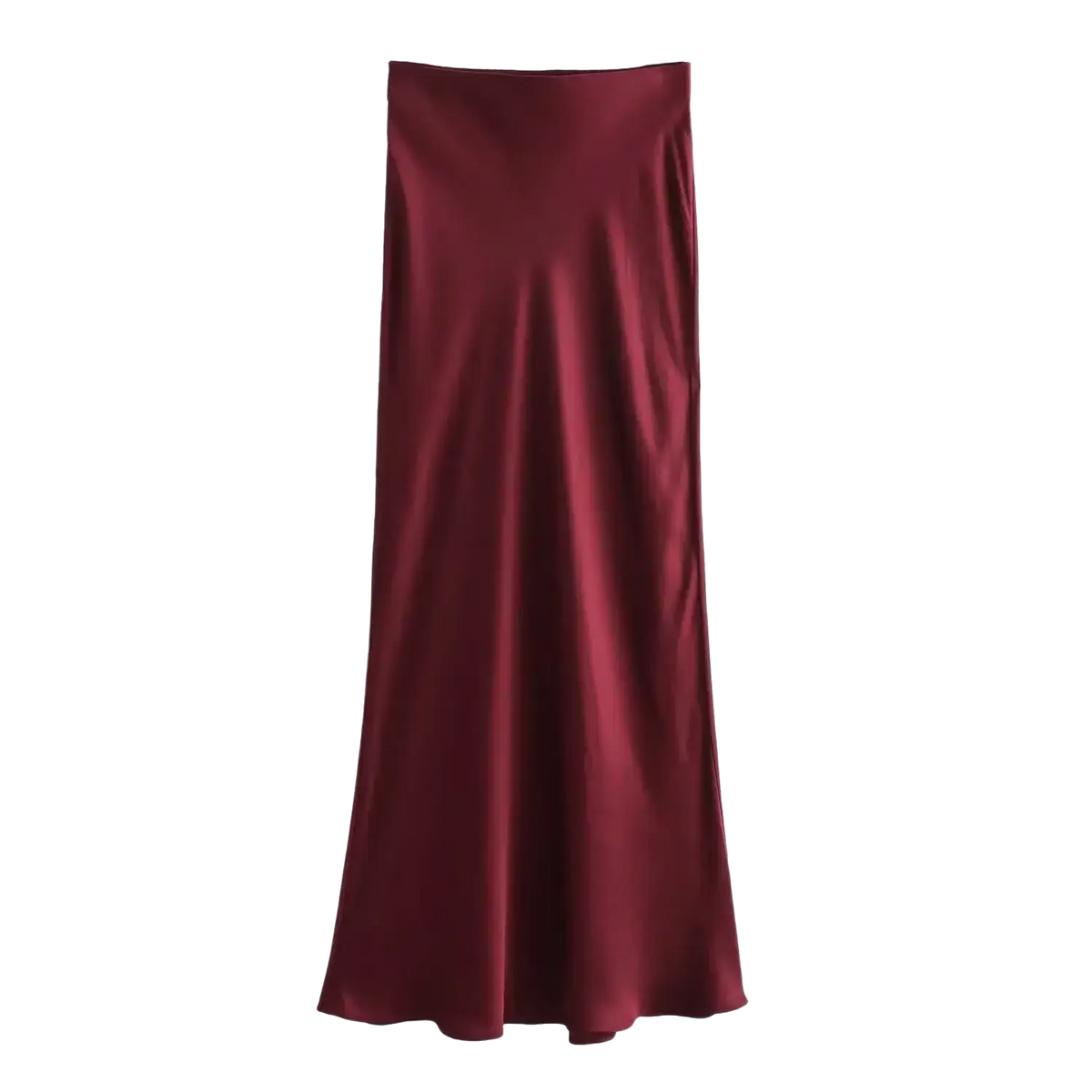 A sleek floor-length burgundy satin maxi skirt with a smooth flowing drape contrasting olive green satin style