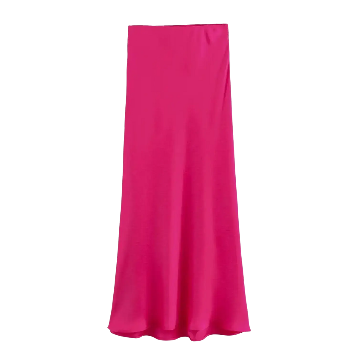 Vibrant fuchsia satin maxi skirt with smooth flowing drape contrasting olive green satin mermaid maxi skirt features
