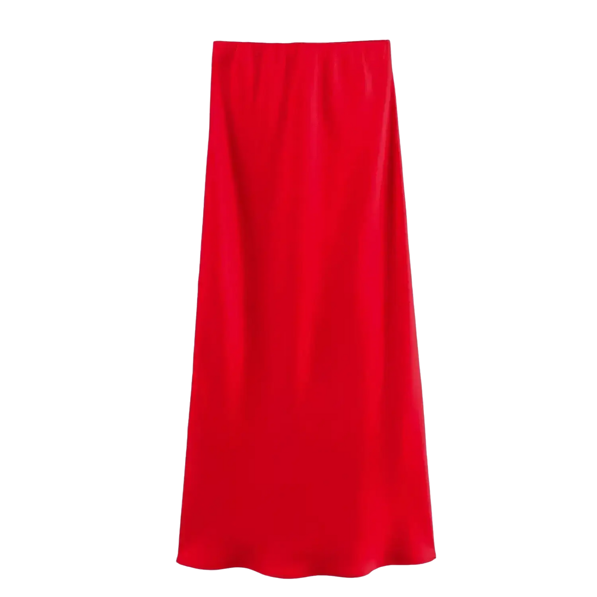 A vibrant red straight-cut midi skirt with smooth flowing fabric shown alongside an olive green satin mermaid maxi skirt