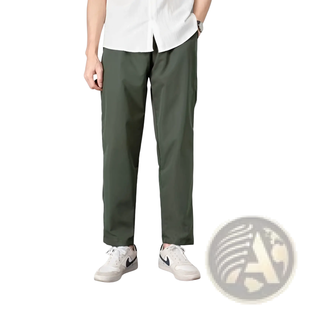 Olive green slim fit chino pants cropped casual trousers made from comfortable cotton blend fabric