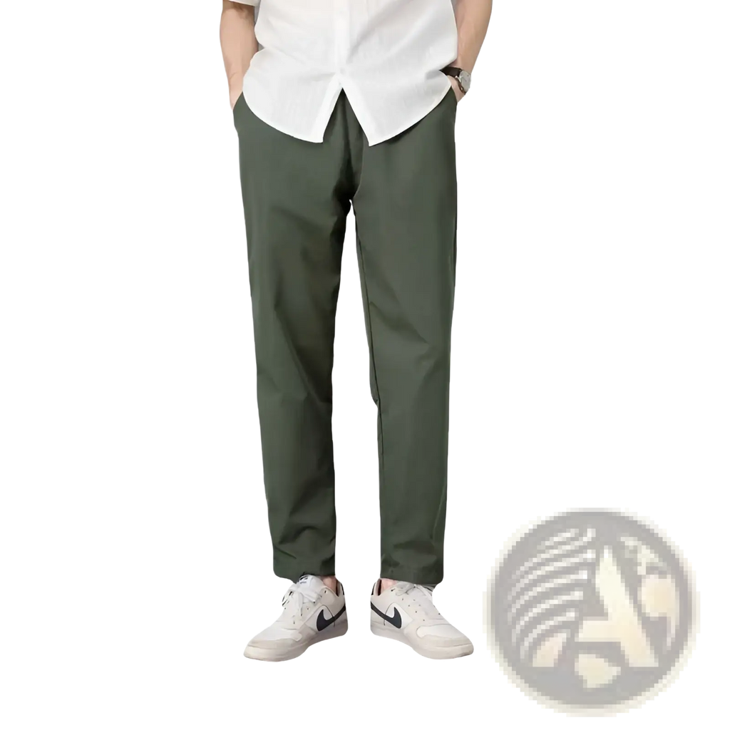 Olive green slim fit chino pants with a straight-leg cut and subtle creases for casual wear
