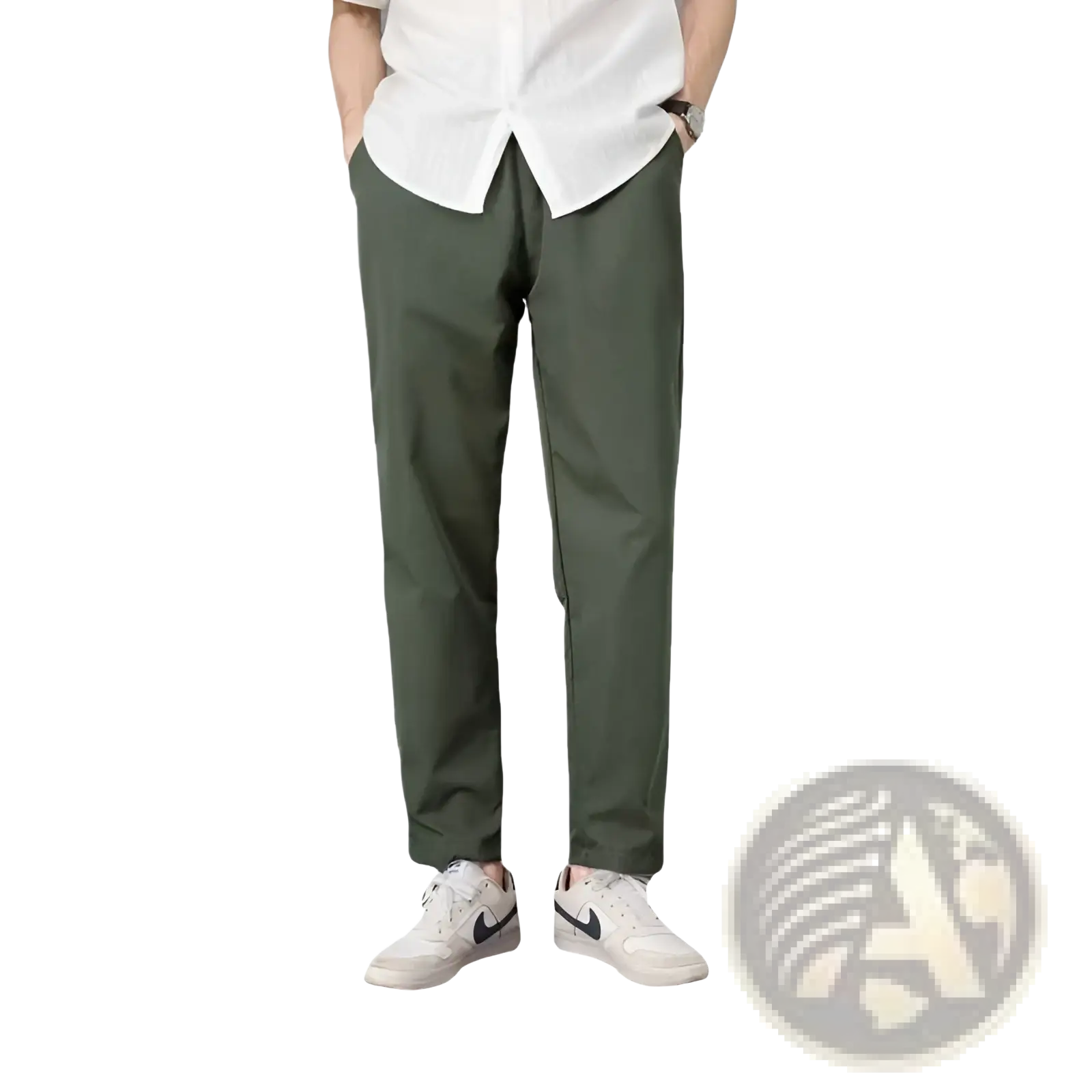 Olive green slim fit chino pants with a straight-leg cut and subtle creases for casual wear