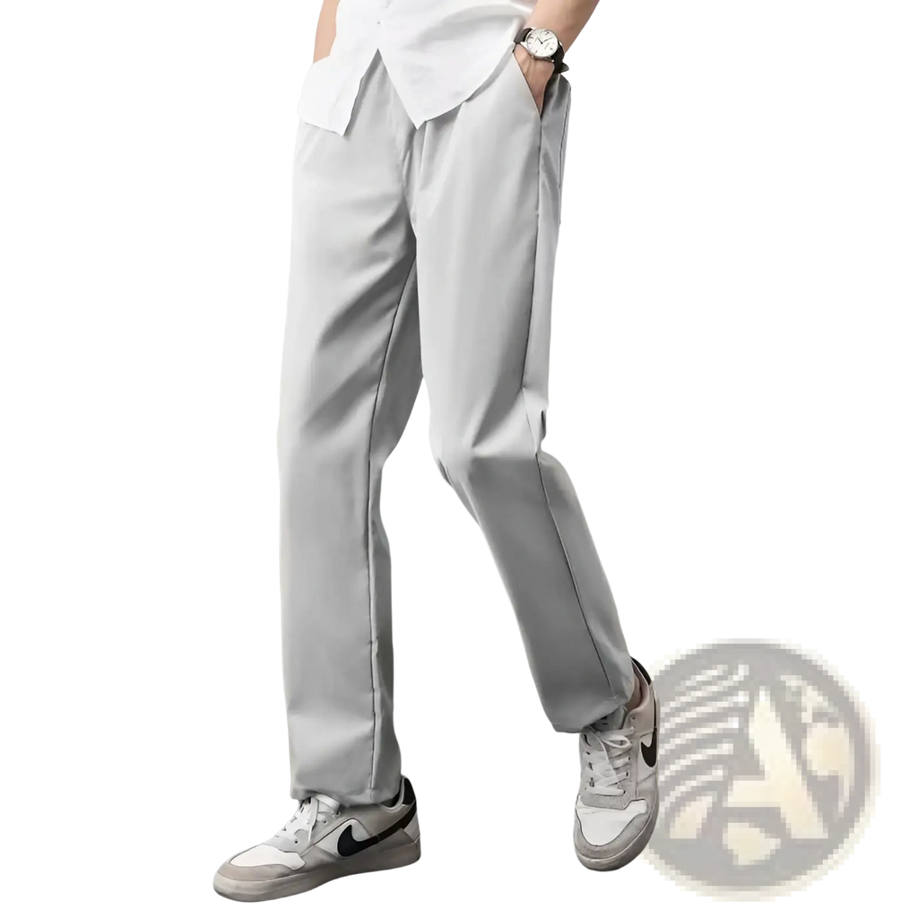 Olive green slim fit chino pants with light gray slim-fit trousers featuring subtle sheen and clean side stitching