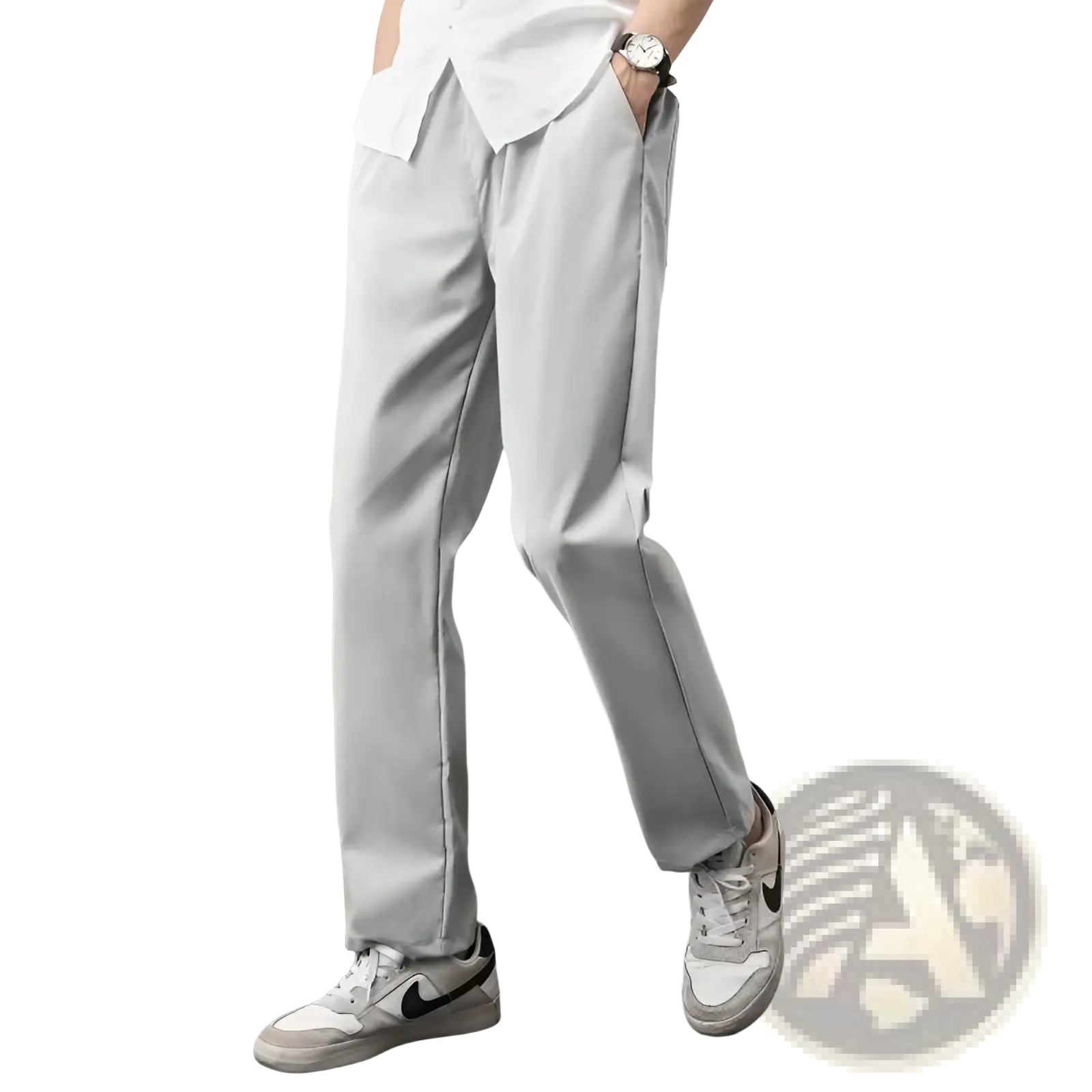 Olive green slim fit chino pants with light gray slim-fit trousers featuring subtle sheen and clean side stitching