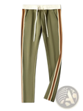 Olive green jogger pants with white and tan striped side panels elastic waistband and matching drawstring