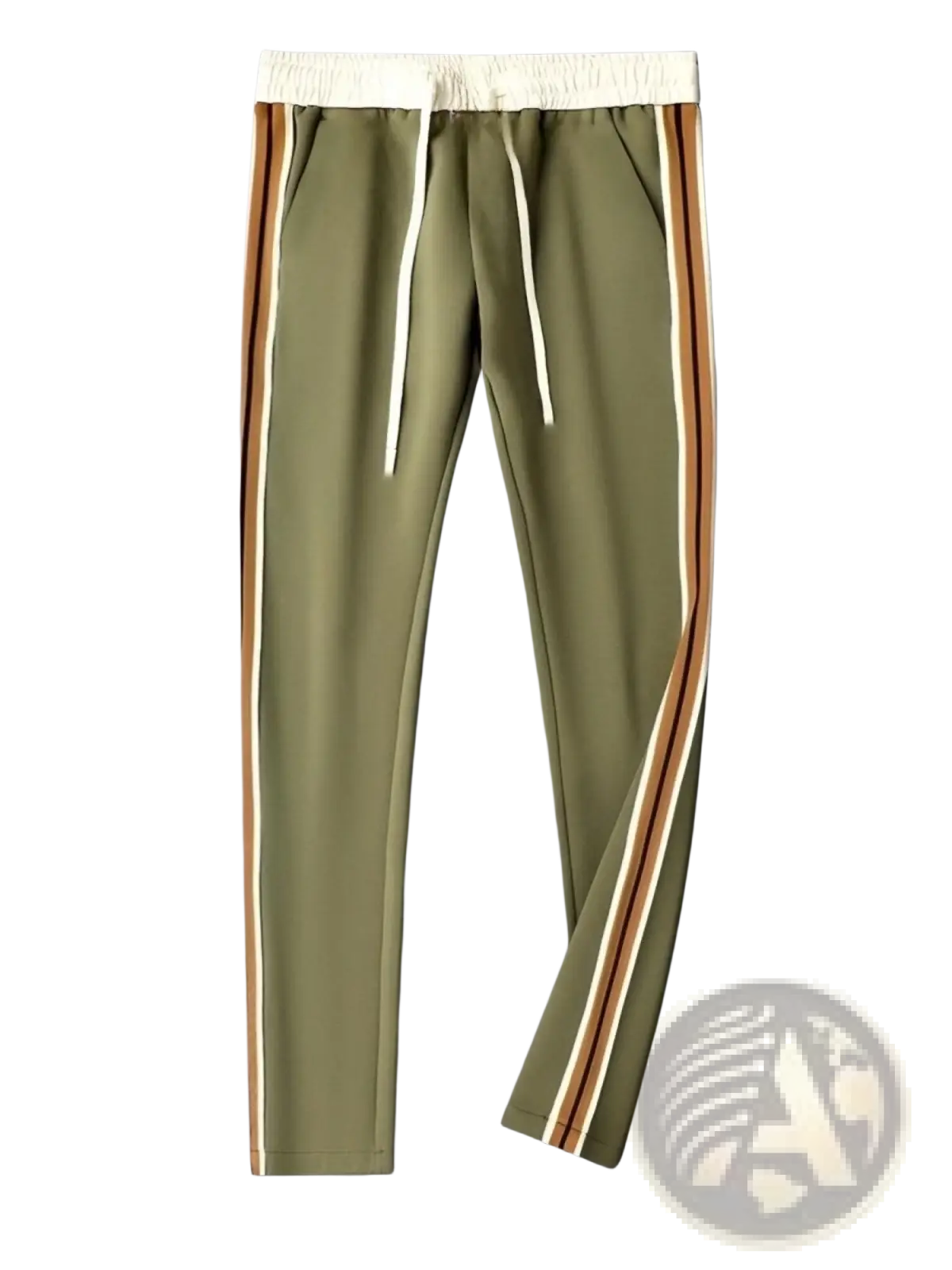 Olive green jogger pants with white and tan striped side panels elastic waistband and matching drawstring