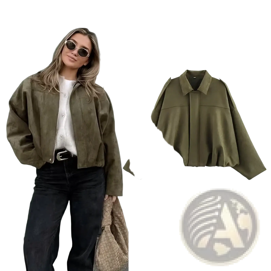 Olive green suede bomber jacket with structured collar and wide slightly puffed sleeves for stylish outerwear
