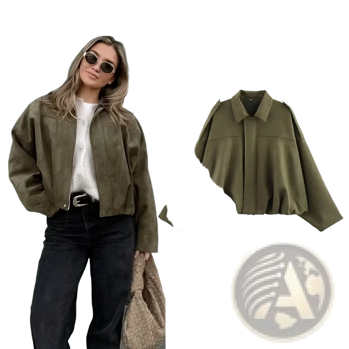 Olive green suede bomber jacket with structured collar and wide slightly puffed sleeves for stylish outerwear