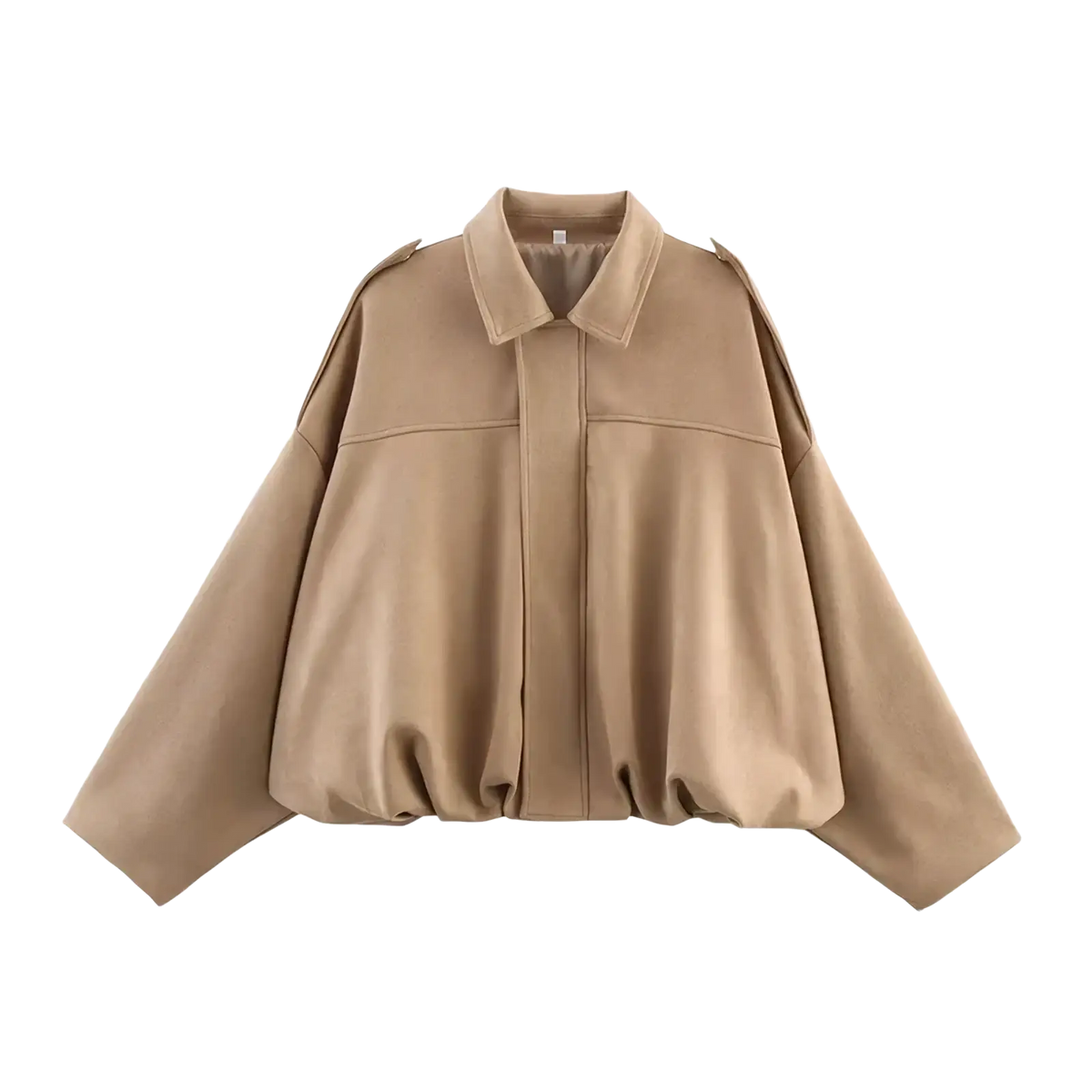 Beige oversized trench coat with wide sleeves and structured collar shown with olive green suede bomber jacket