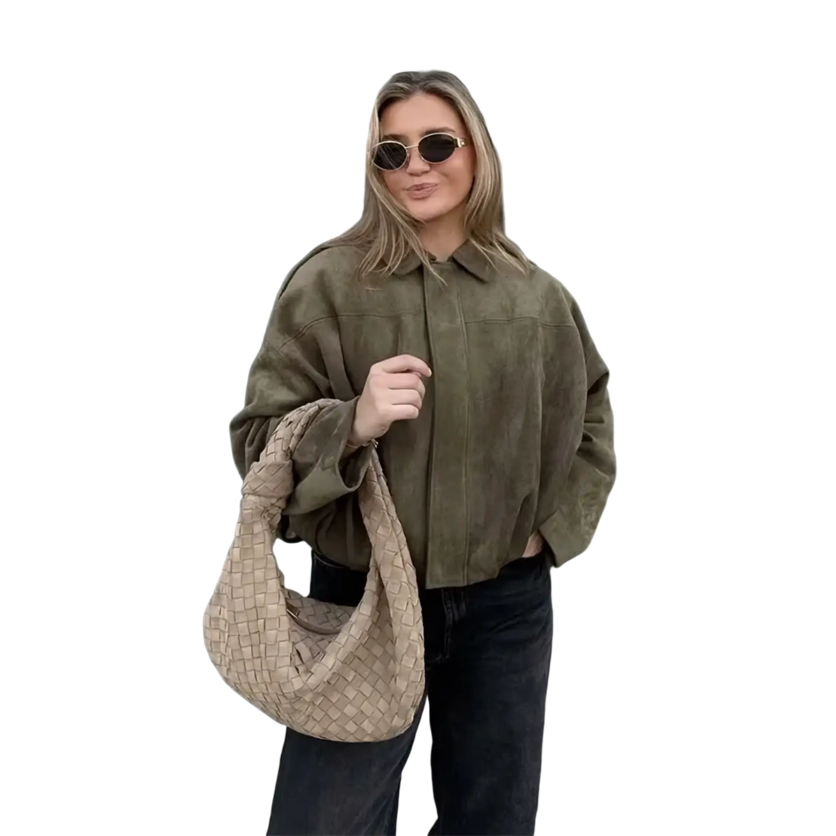 Beige woven leather hobo bag with a distinctive basketweave pattern shown with olive green suede bomber jacket