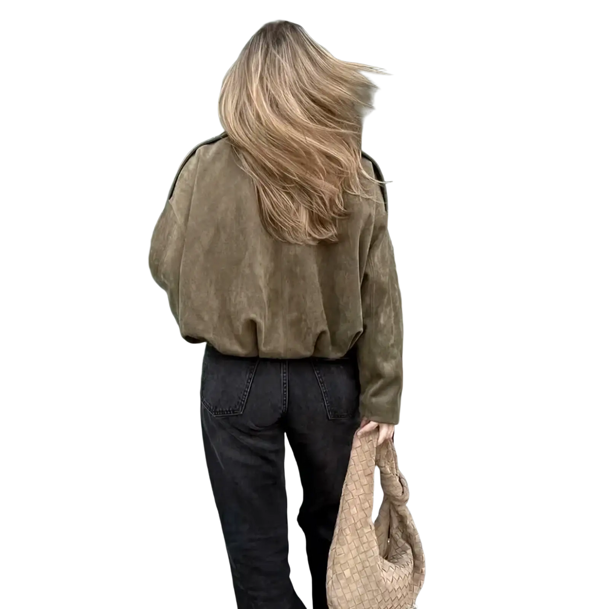 Beige woven leather tote bag with distinctive braided texture paired with olive green suede bomber jacket