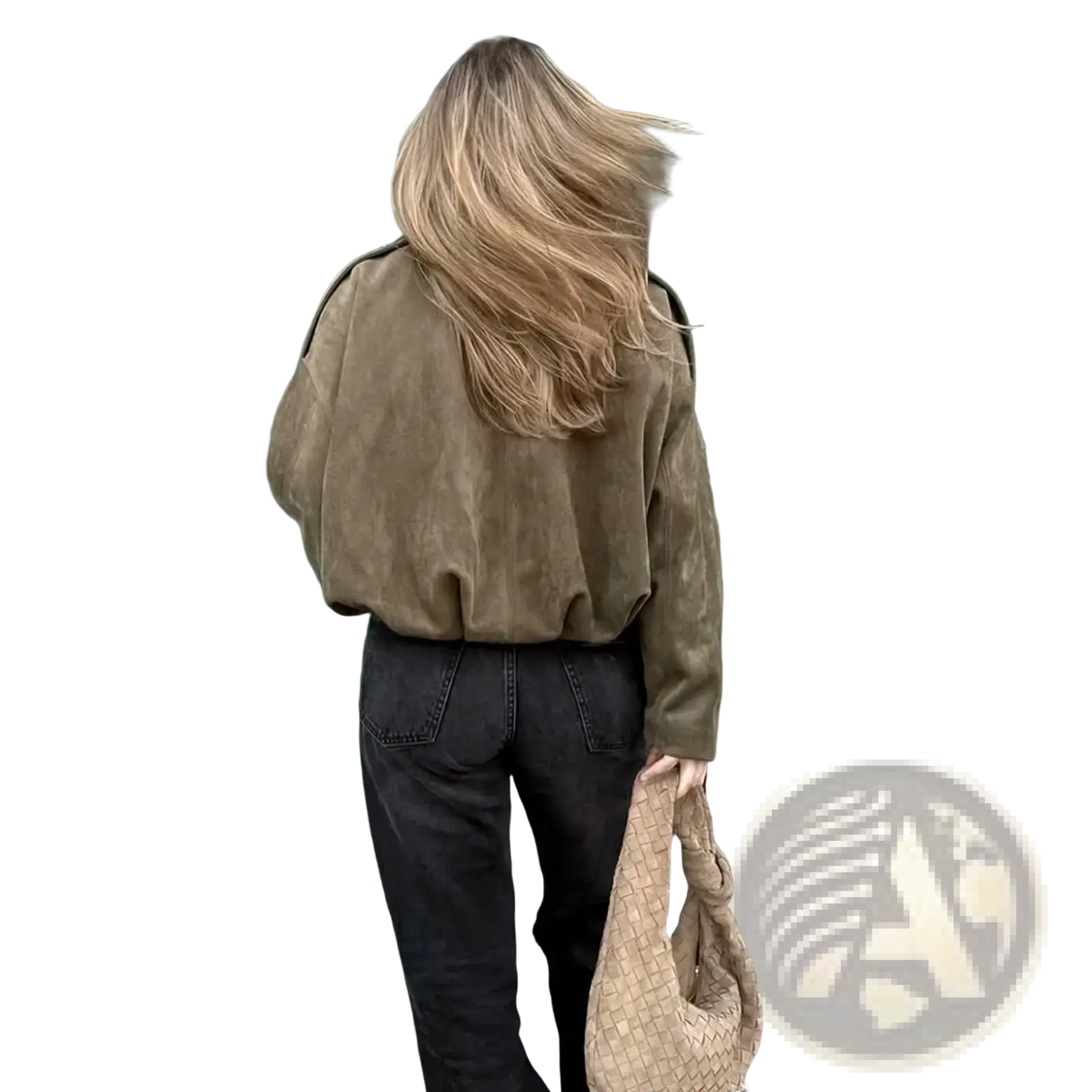 Beige woven leather tote bag with distinctive braided texture paired with olive green suede bomber jacket