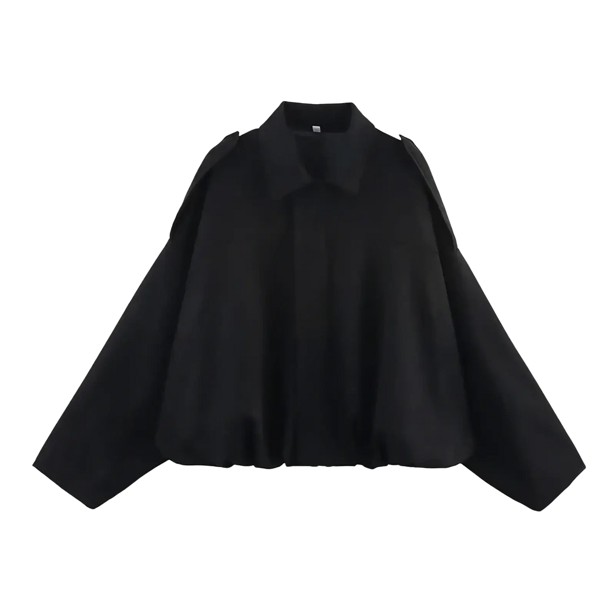 Black oversized blouse with wide flowing sleeves and structured collar shown alongside olive green suede bomber jacket