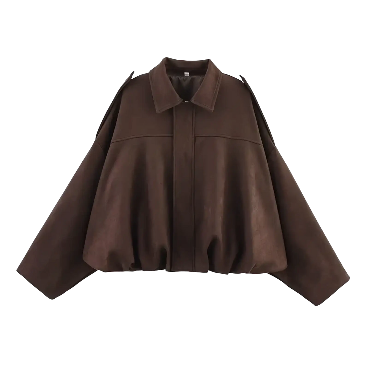 Brown faux leather cropped jacket with wide flowing sleeves and structured collar shown in olive green suede bomber jacket product page