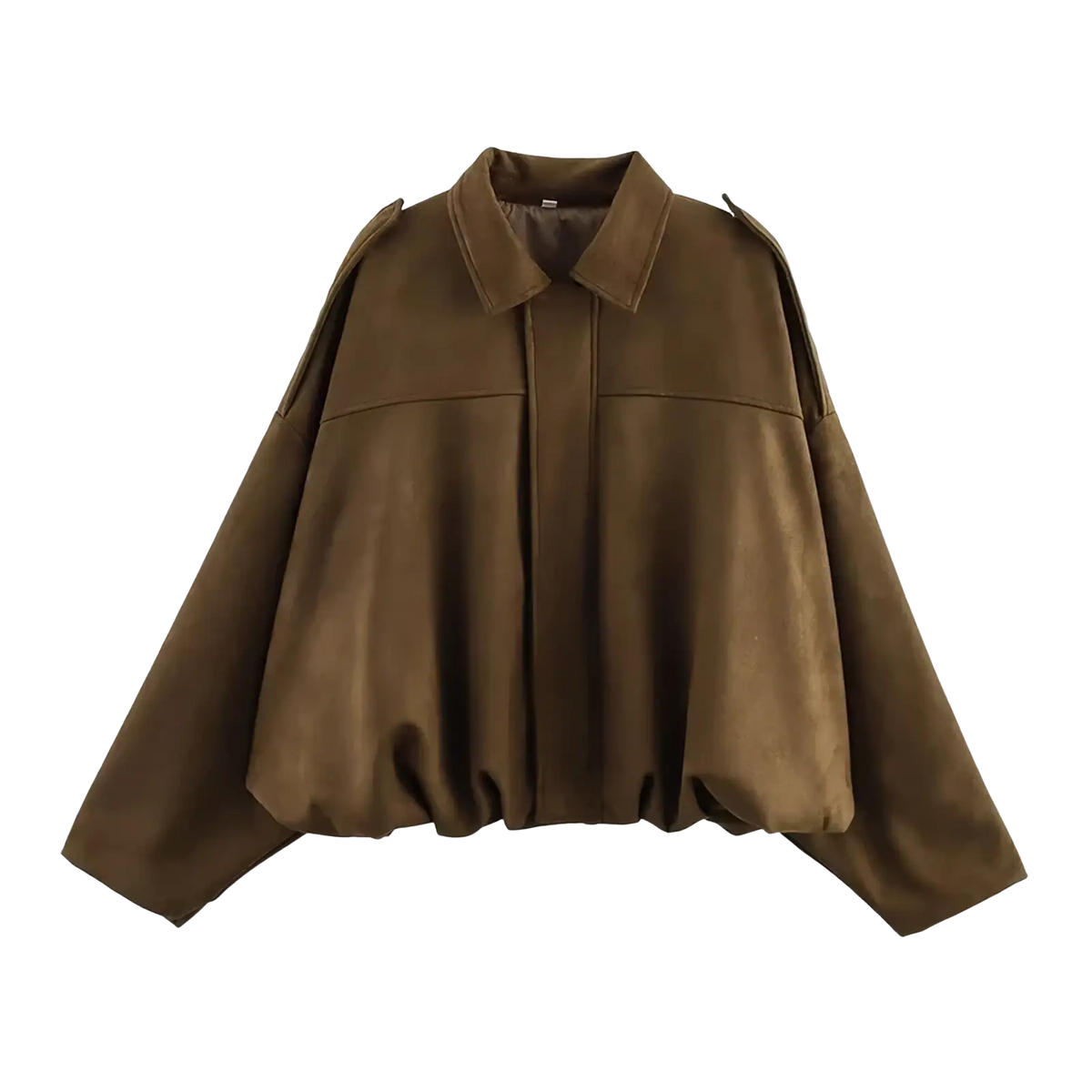 Olive green suede bomber jacket with brown suede-like cropped design wide puffed sleeves and structured collar
