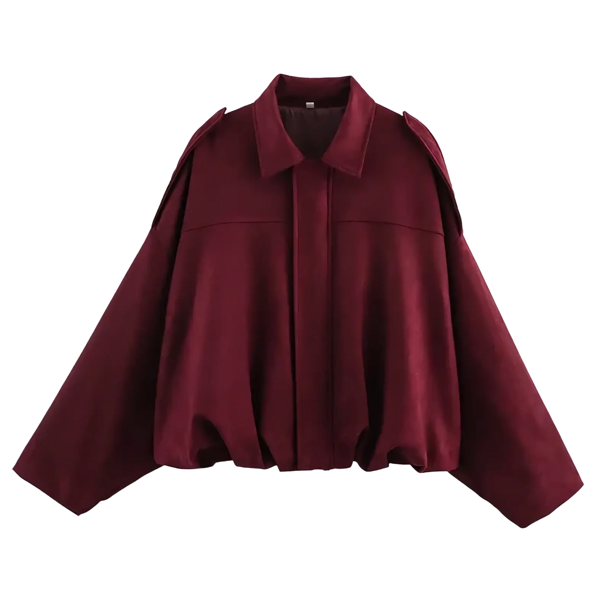 A burgundy loose fitting cropped jacket with wide sleeves and structured collar in a product titled olive green suede bomber jacket