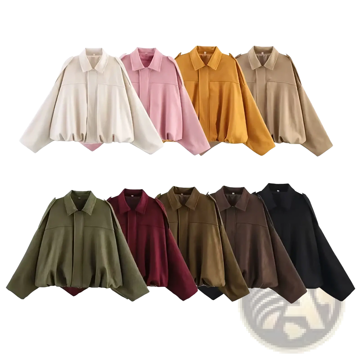 A collection of soft oversized blazers in pastel and earthy tones including an olive green suede bomber jacket