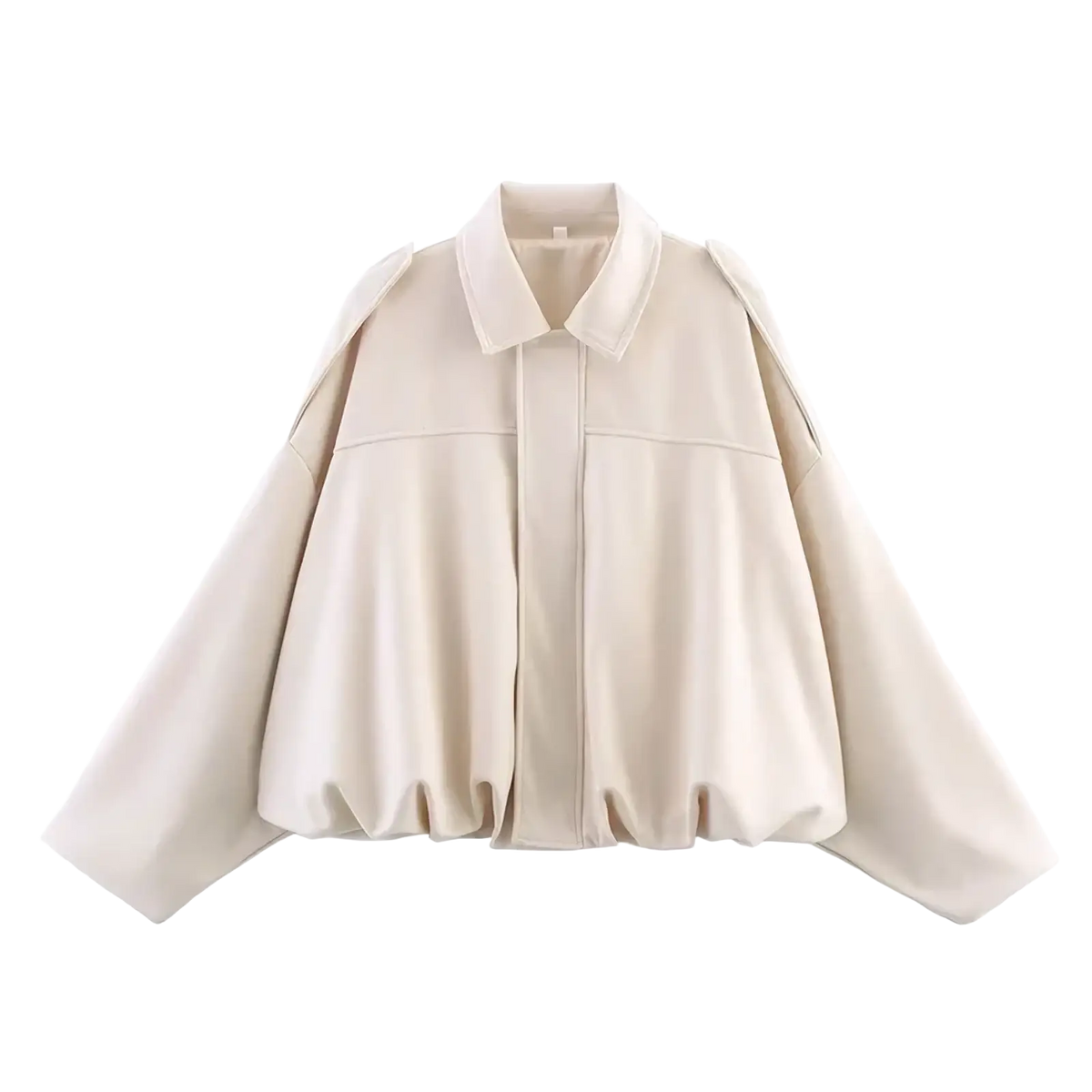 Cream-colored oversized blouse with structured collar and puffed sleeves paired with olive green suede bomber jacket
