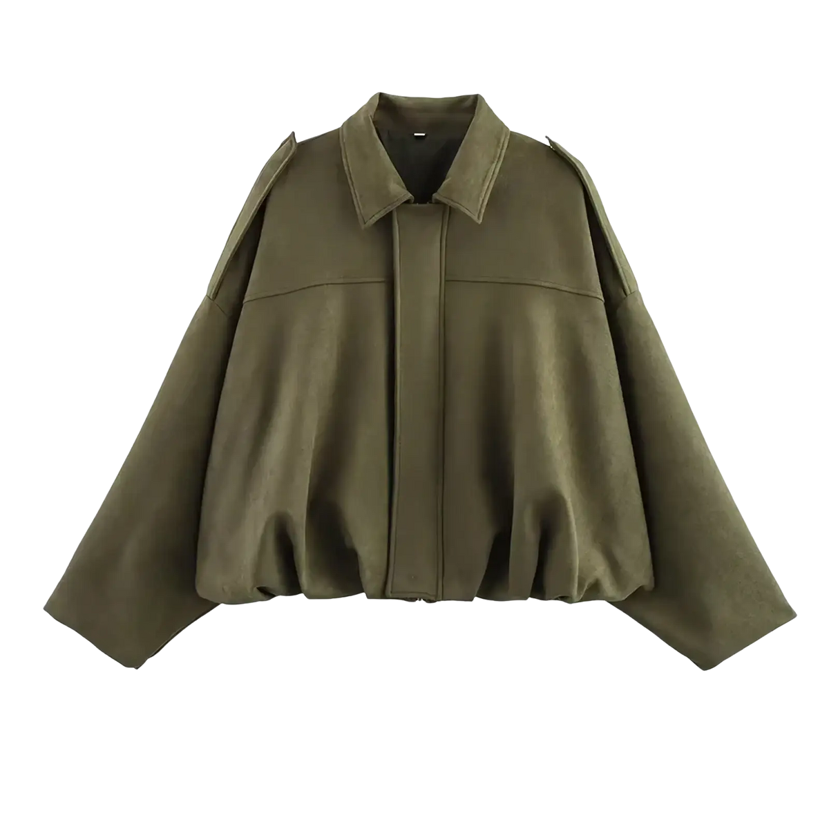 Olive green faux leather cropped bomber jacket with wide puffed sleeves and structured collar in front view