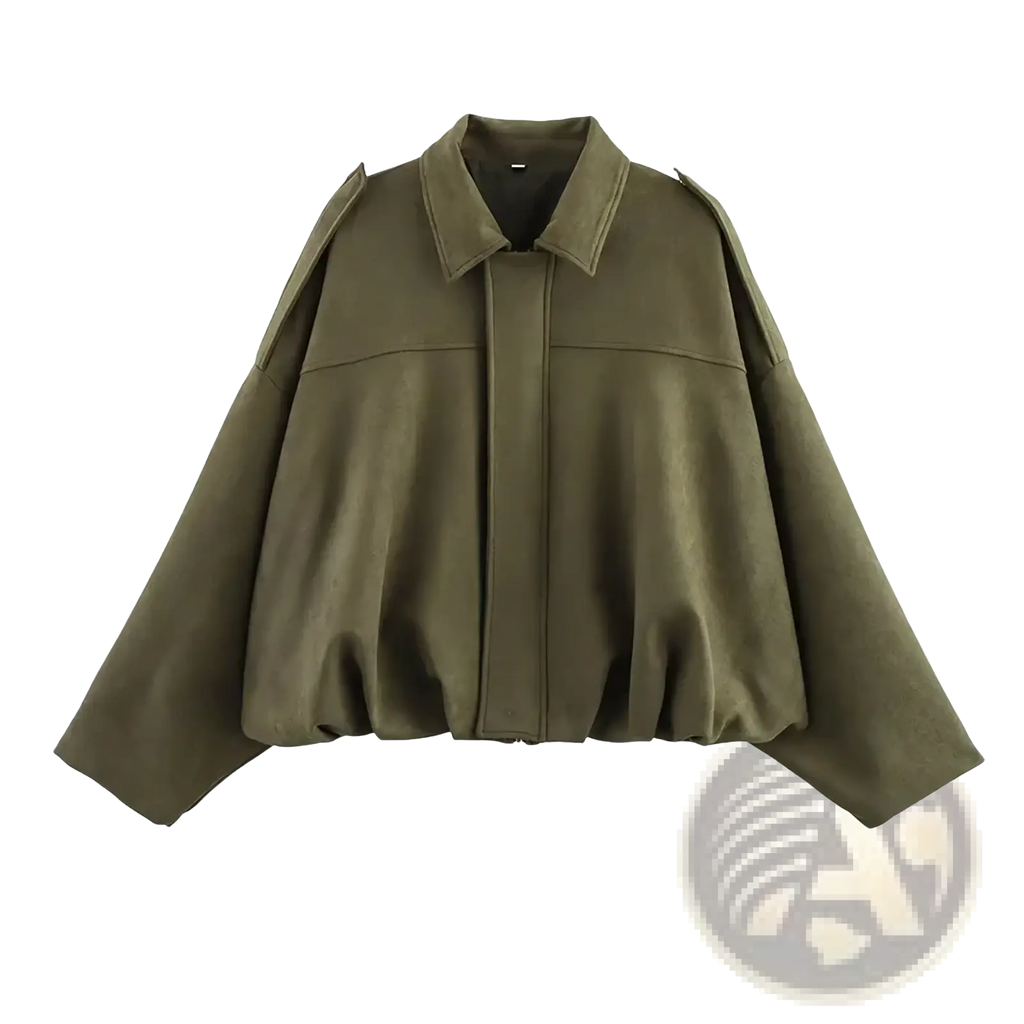 Olive green faux leather cropped bomber jacket with wide puffed sleeves and structured collar in front view
