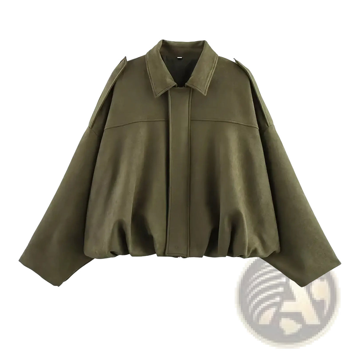Olive green faux leather cropped bomber jacket with wide puffed sleeves and structured collar in front view
