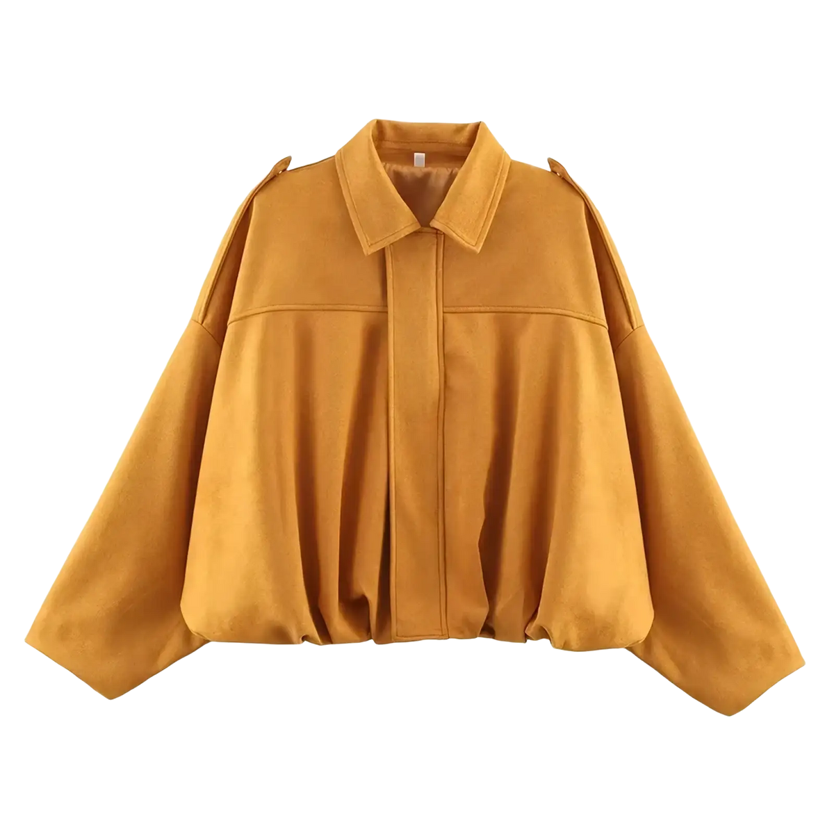 A mustard-yellow oversized cropped jacket with a structured collar and wide sleeves paired with an olive green suede bomber jacket