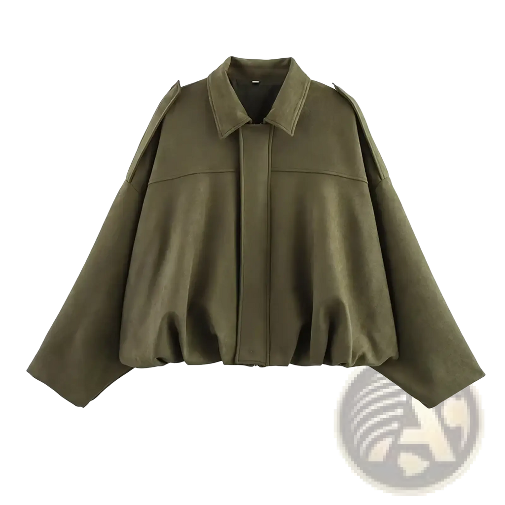 Olive green suede bomber jacket with cropped fit wide puffed sleeves and structured collar for stylish outerwear