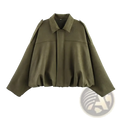 Olive green suede bomber jacket with cropped fit wide puffed sleeves and structured collar for stylish outerwear