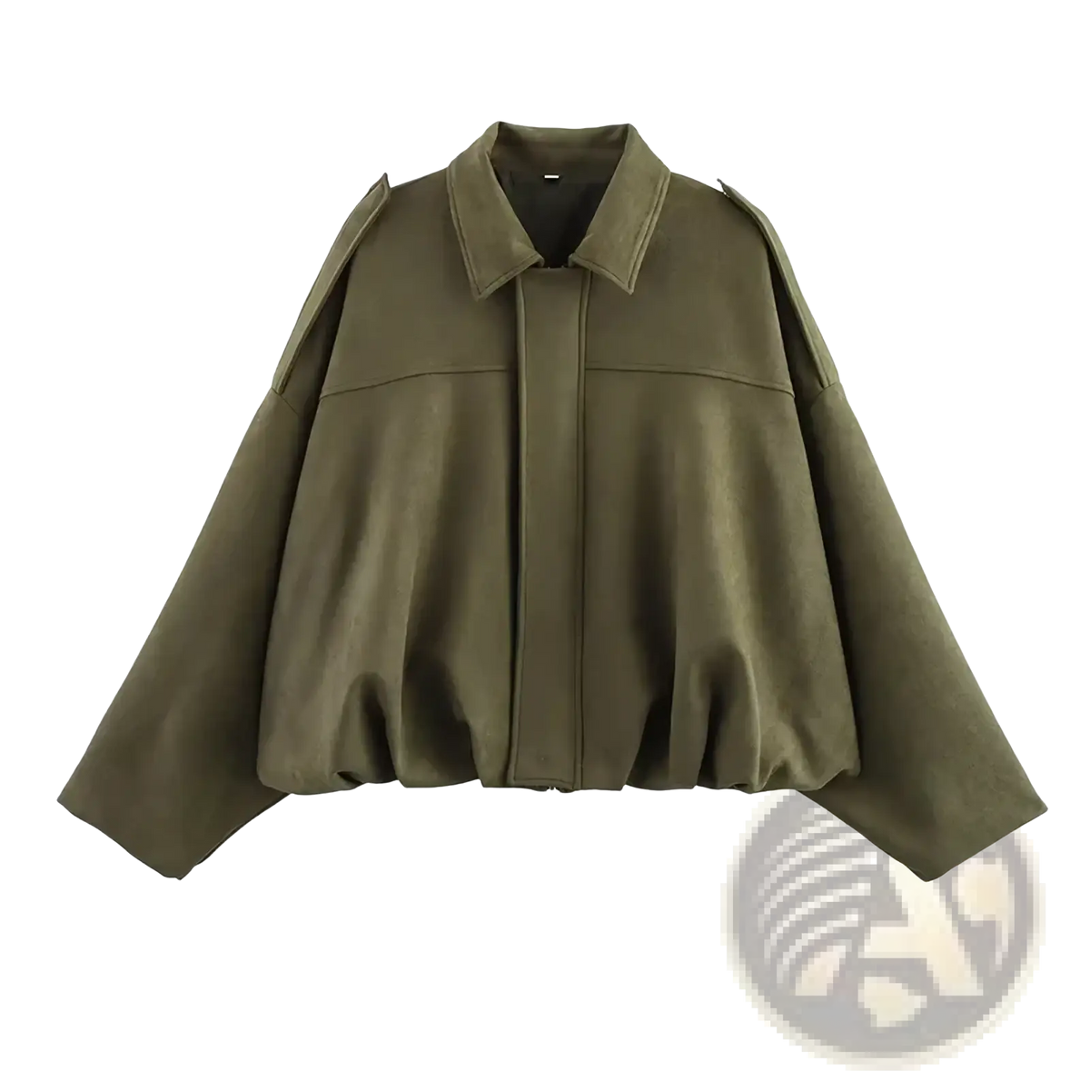 Olive green suede bomber jacket with cropped fit wide puffed sleeves and structured collar for stylish outerwear