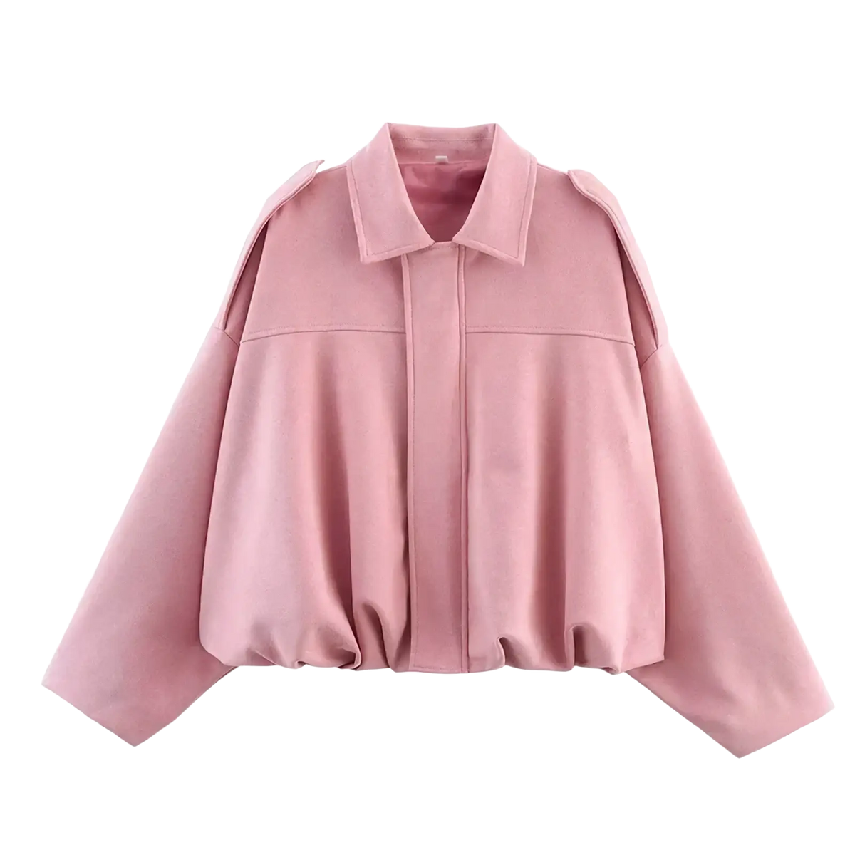 A soft pink oversized cropped jacket with structured collar and puffed sleeves in olive green suede bomber jacket style