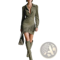 Olive green suede wrap long sleeve dress with fringe detailing on the front for elegant occasions