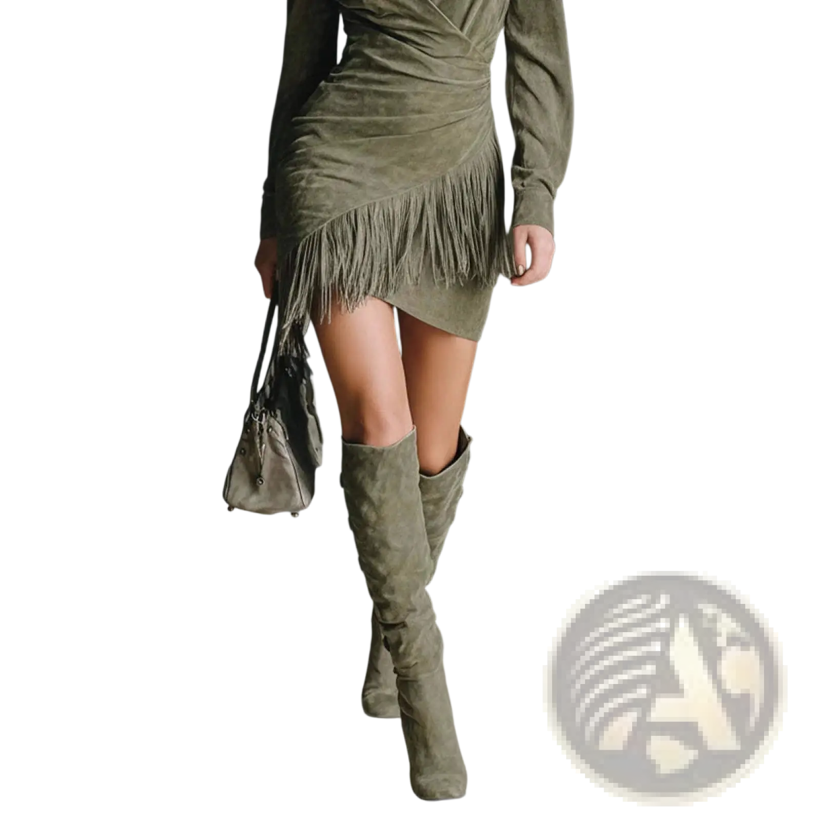 Olive green suede wrap dress with fringe detailing long sleeves and asymmetrical hemline for stylish wear