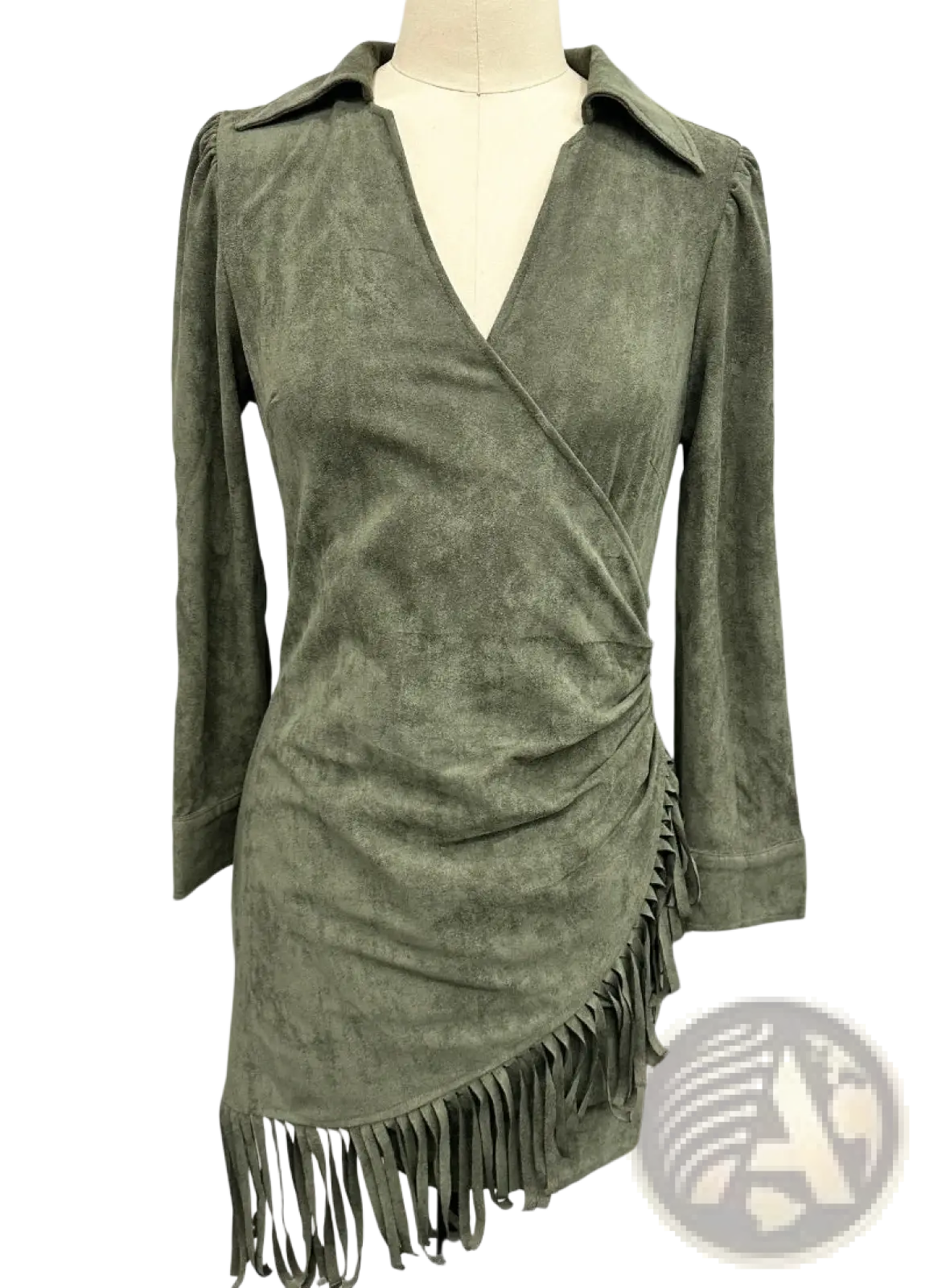 Olive green suede wrap dress with three-quarter sleeves and fringe detailing shown from the front side
