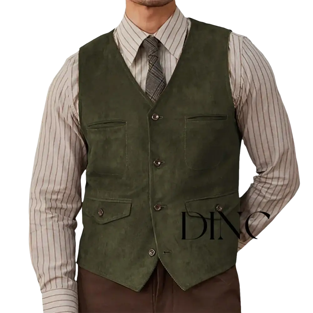 Olive green suede western vest featuring four flap pockets and dark metal buttons for a rugged look
