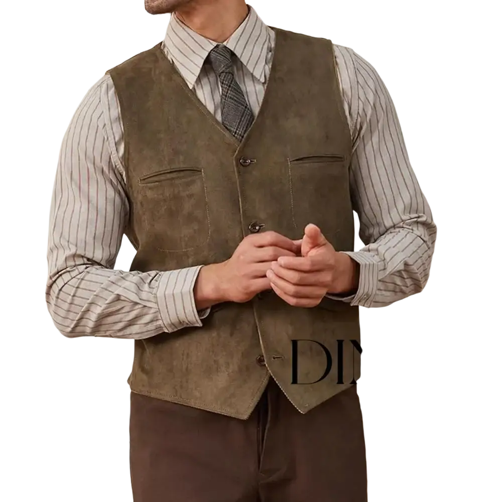 Olive green suede western vest featuring two front pockets and button closure in a classic design