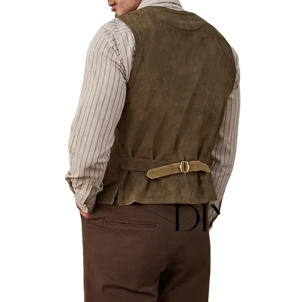 Olive green suede western vest featuring a matching belt buckle highlighting its premium suede material