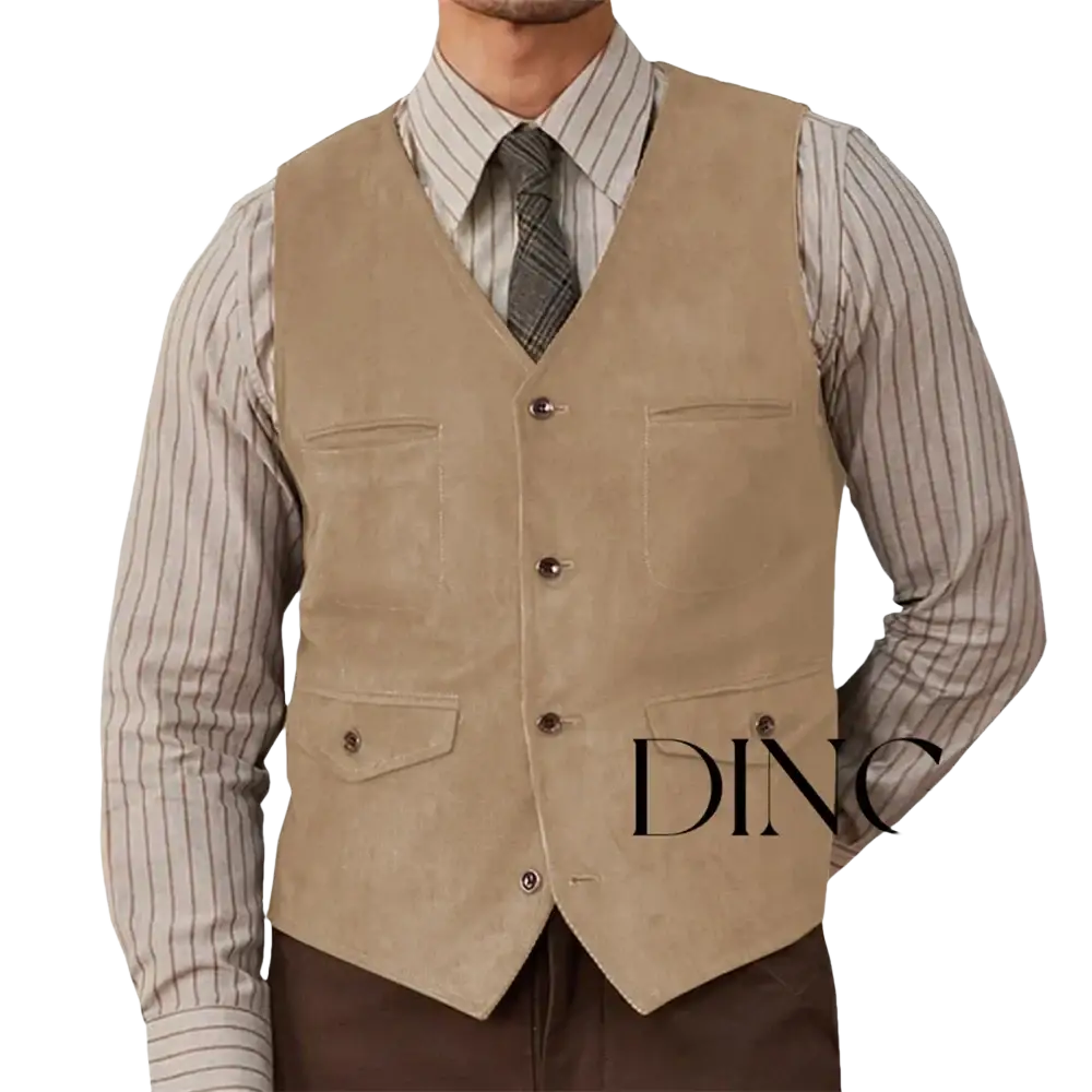 Beige suede western vest with four flap pockets and dark brown buttons in an olive green suede western vest product